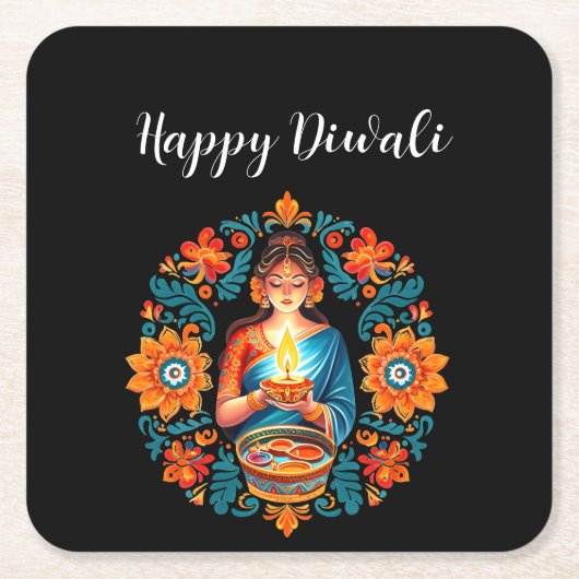 ディワリお祝い スクエアペーパーコースター (正面)