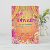 ディワリの幸せな願い 花柄 ピンク 黄色 紫 招待状 (スタンド正面)
