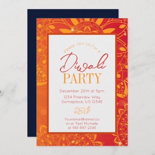 ディワリカラフルブライトオレンジパーティの招待状 招待状 (正面/裏面)