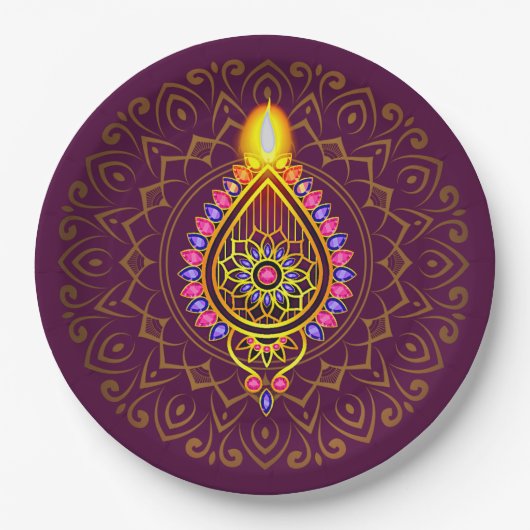 ディワリジュエリドディヤキャンドルデザインマンダラパープル ペーパープレート (正面)