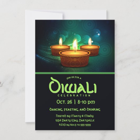 ディワリディヤスウィズブルーとティール(緑がかった色) 招待状 (正面)