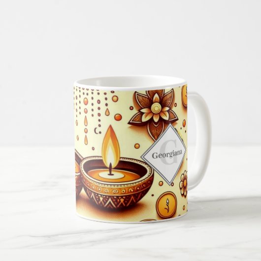 ディワリパーソナライズされたディヤス&ランゴリブロンズ&金ゴールド コーヒーマグカップ (正面右)