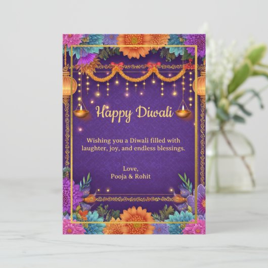 ディワリパープル金ゴールドディワリランプライトイラストレーション 招待状 (スタンド正面)