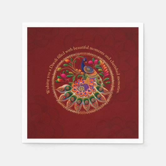 ディワリレッド金ゴールドカラフルピーコックパーソナライズされた スタンダードカクテルナプキン (正面)