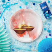 ディワリ赤い水色とディヤ ペーパープレート (パーティー)