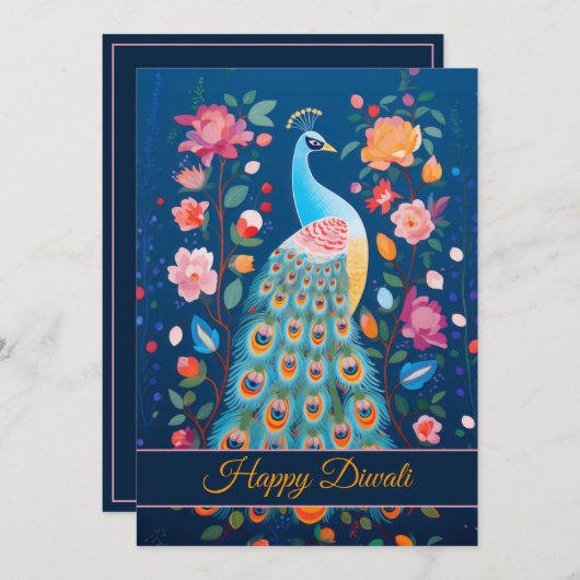 ディワリ　ピーコック＆フラワーズ 招待状 (正面/裏面)