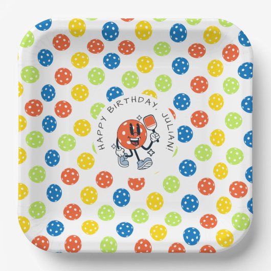 ディンク ピックルボール パーティー スポーツ カートゥーン マスコット パドル ペーパープレート (正面)