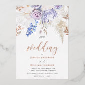 ディヴァインバラ金ゴールドパープルラベンダーフローラ結婚ズ 箔招待状 (正面)