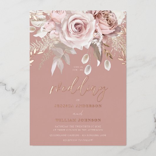 ディヴィンバラ金ゴールドダスティバラ結婚フローラ 箔招待状 (正面)