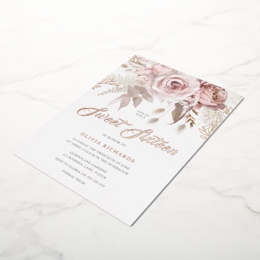 ディヴィンバラ金ゴールド赤面フローラスウィート16パーティー 箔招待状 (回転した状態)