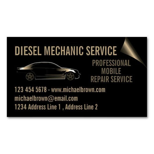 ディーゼル整備士 自動車修理 ゴールド マグネット名刺 (正面)