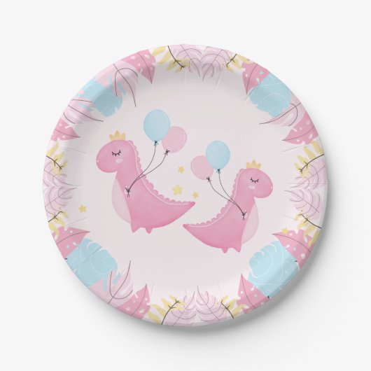 ディーノパーティー |かわいいパステル恐竜誕生日 ペーパープレート (正面)