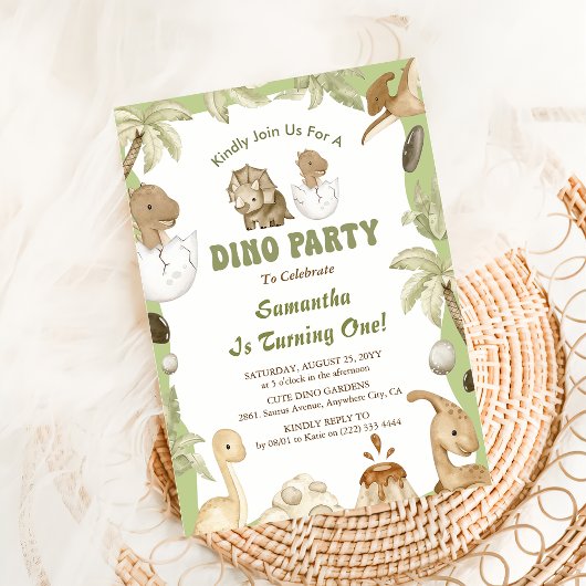 ディーノパーティー |かわいい恐竜の最初の誕生日 招待状