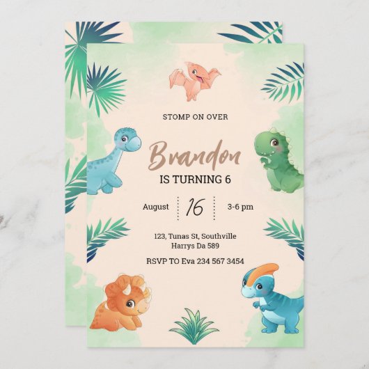 ディーノパーティー |かわいい恐竜の誕生日招待状 招待状 (正面/裏面)