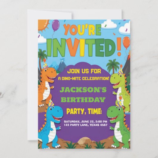 ディーノパーティー |かわいい恐竜の誕生日 招待状 (正面)