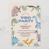 ディーノパーティー |キュートな恐竜の最初の誕生日インビタット 招待状 (正面/裏面)