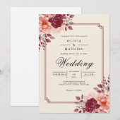 ディープクリムゾン フローラル ロマンチック ウェディング 招待状 (正面/裏面)