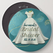 ディープティールゴールドグリッターウェディングドレス ブライダルシャワー 缶バッジ (正面&裏面)