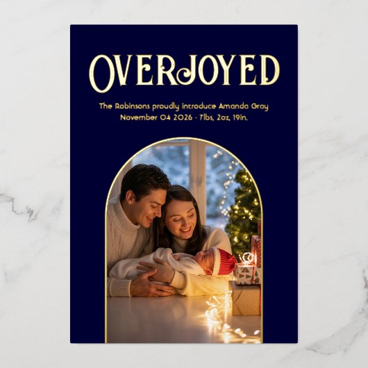 ディープネイビークリスマスベイビー 誕生発表写真 箔シーズンカード (正面)