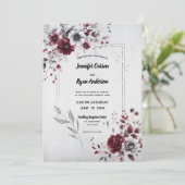 ディープバーガンディ シルバーグレー 水彩 フラワーリーフ 招待状 (スタンド正面)