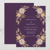 ディープパープルの結婚式 ゴールドリーフ 招待状 (正面/裏面)