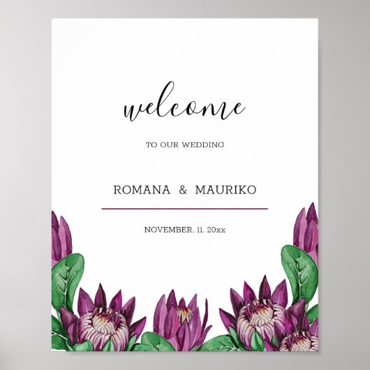 ディープパープル キングプロテア 水彩画 ポスター (正面)