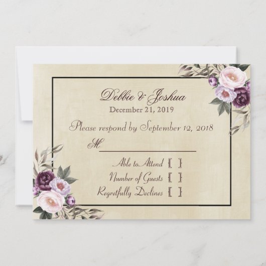 ディープパープル ピオンの結婚式 出席確認 招待状 (裏面)