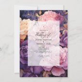 ディープパープル、ラベンダー、ローズゴールドフローラルウェディング 招待状 (正面)
