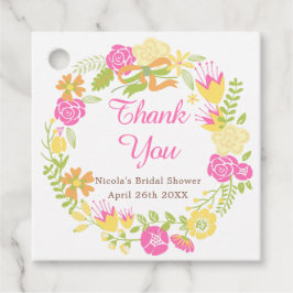 ディープピンク＆イエローの花のリース ブライダルシャワー フェイバータグ