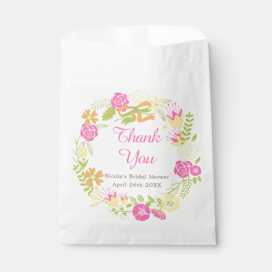 ディープピンク&イエローの花輪 ブライダルシャワー フェイバーバッグ (正面)