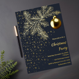 ディープブルーとゴールドのクリスマスパーティー招待状 箔シーズンカード