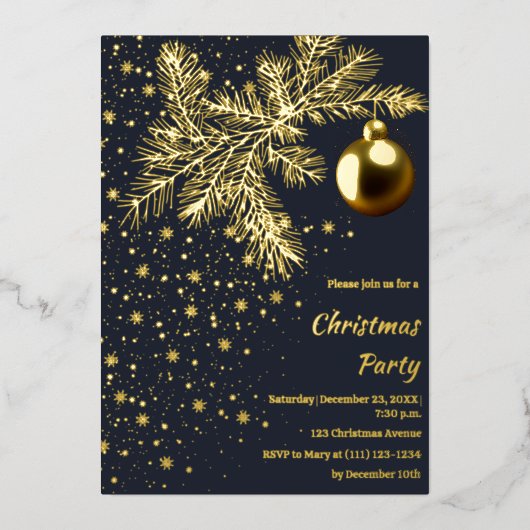 ディープブルーとゴールドのクリスマスパーティー招待状 箔シーズンカード (正面)