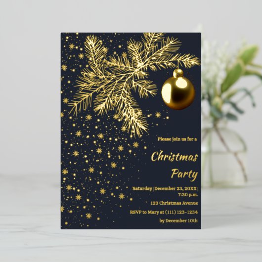 ディープブルーとゴールドのクリスマスパーティー招待状 箔シーズンカード (立ち正面)