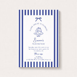 ディープブルーボウ ストライプ ブルー 誕生日招待状 招待状