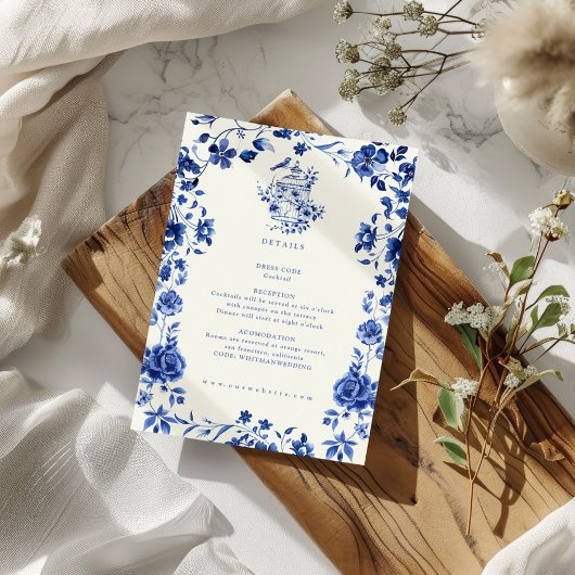 ディープブルー シノワズリー ヴィンテージ フラワーデザイン カード