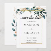 ディープブルー フローラル エレガント ウェディング セーブ・ザ・デート カード (正面/裏面)