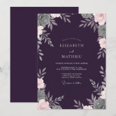 ディーププラムの葉の柔らかなユーカリの結婚式 招待状 (正面/裏面)