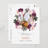 ディープベルベット&ブッシュピンクの花の結婚式お礼 ポストカード (正面/裏面)