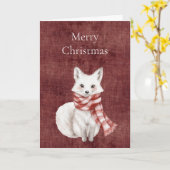 ディープレッドのフェイクリネン(リネン風) フォックス クリスマス カード (黄色い花)