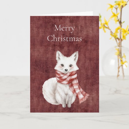 ディープレッドのフェイクリネン(リネン風) フォックス クリスマス カード (黄色い花)