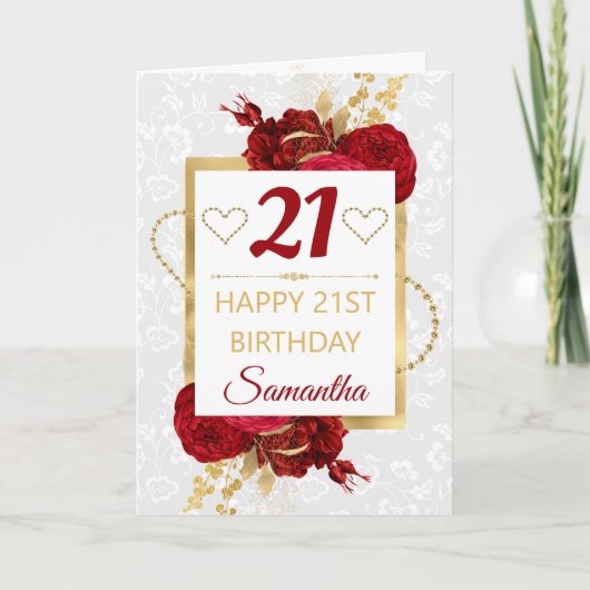 ディープレッドの花とゴールド箔の誕生日 カード (正面)