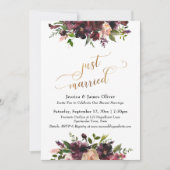 ディープレッド バーガンディ フローラル ゴールド スクリプト 挙式しました 招待状 (正面)