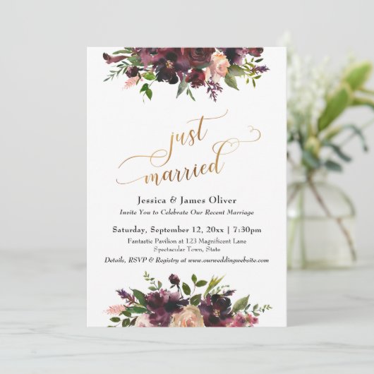 ディープレッド バーガンディ フローラル ゴールド スクリプト 挙式しました 招待状 (スタンド正面)