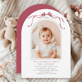 ディープ ブラッシュ ピンク リボン ガール 1歳の誕生日アーチ 写真 招待状