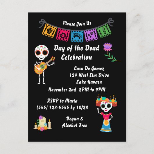 デイオブザデッドシュガースカル骨格招待状 ポストカード (正面)