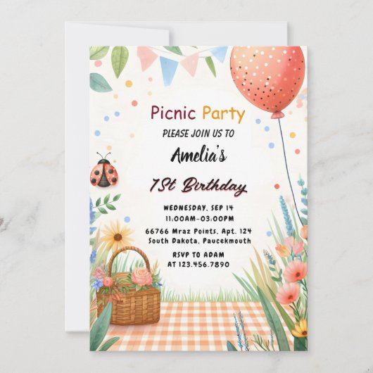 デイガールズラブバグピクニック水玉模様1st誕生日 招待状 (正面)