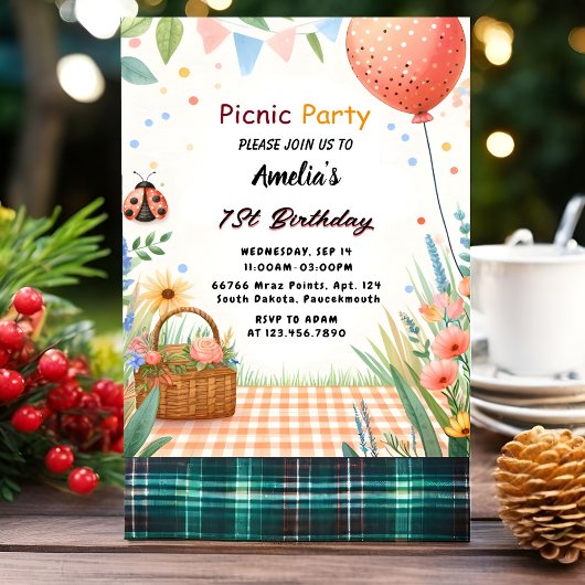 デイガールズラブバグピクニック水玉模様1st誕生日 招待状