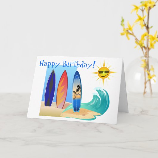 デイクールアットザビーチサーフィンサーフボード誕生日 カード (黄色い花)