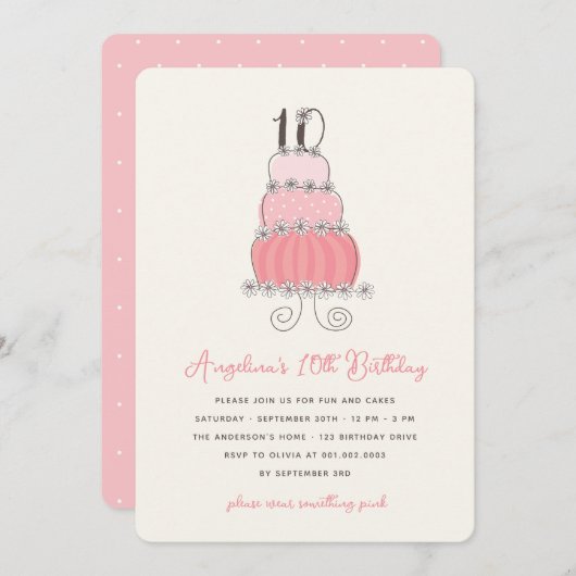 デイジーお洒落ピンクケーキガール10thバースデーパーティー 招待状 (正面/裏面)