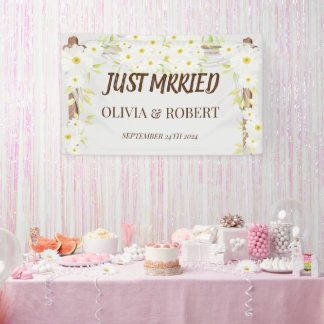 デイジーたった今結婚しました結婚式の木製フローラ 横断幕